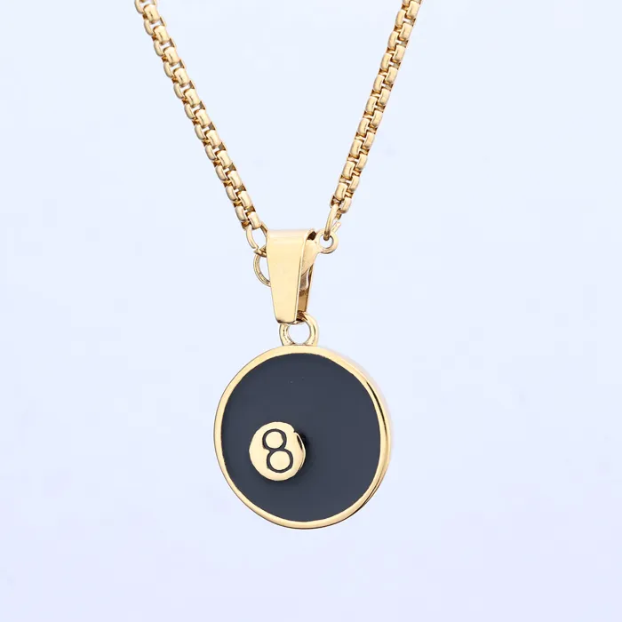 Lucky 8 Ball Pendant – Round Black Enamel Stainless Steel Necklace for Men, Billiards-Inspired Street Style Jewelry Wholesale