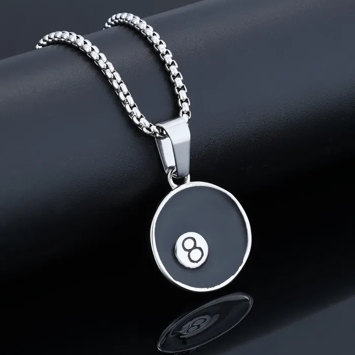 Lucky 8 Ball Pendant – Round Black Enamel Stainless Steel Necklace for Men, Billiards-Inspired Street Style Jewelry Wholesale
