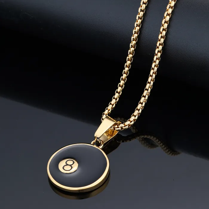 Lucky 8 Ball Pendant – Round Black Enamel Stainless Steel Necklace for Men, Billiards-Inspired Street Style Jewelry Wholesale