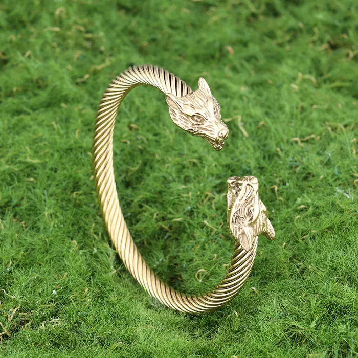 Twisted Wire Cuff Bracelet – Titanium Steel Viking Style Bangle with Wolf, Dragon, Skull & Snake Heads, Wholesale