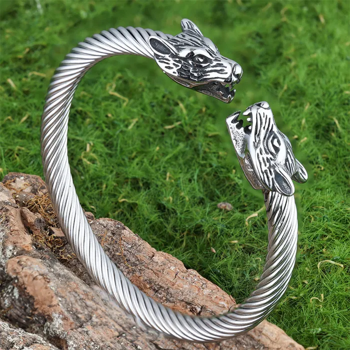 Twisted Wire Cuff Bracelet – Titanium Steel Viking Style Bangle with Wolf, Dragon, Skull & Snake Heads, Wholesale