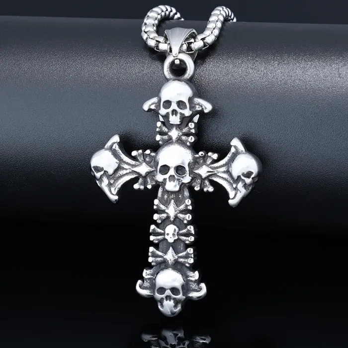 Skull Cross Pendant – Punk Style Stainless Steel Necklace for Men, Fade-Resistant Daily Wear Jewelry Wholesale