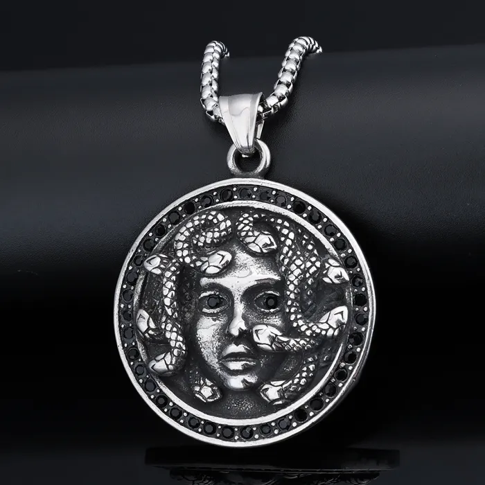 Medusa Pendant Necklace – Hip-Hop Style Greek Mythology Jewelry with Crystals, Unisex Stainless Steel Statement Piece Wholesale