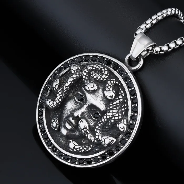 Medusa Pendant Necklace – Hip-Hop Style Greek Mythology Jewelry with Crystals, Unisex Stainless Steel Statement Piece Wholesale