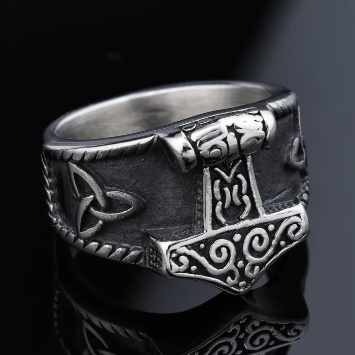 Viking Thor’s Hammer Knot Ring – Stainless Steel Fade-Resistant Norse Symbol Jewelry for Men, Wholesale