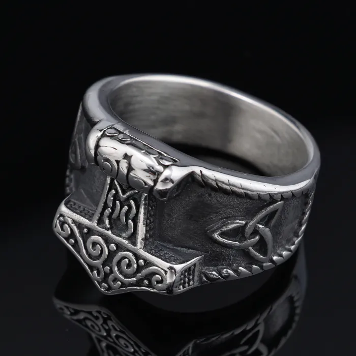 Viking Thor’s Hammer Knot Ring – Stainless Steel Fade-Resistant Norse Symbol Jewelry for Men, Wholesale
