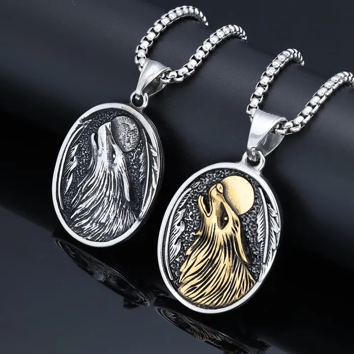 Viking Ice Wolf Compass Pendant – Stainless Steel Norse Necklace with Wolf Head & Vegvisir Symbol, Vintage Mythology Jewelry Wholesale