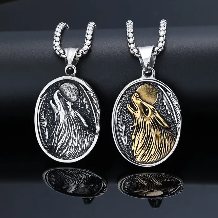 Viking Ice Wolf Compass Pendant – Stainless Steel Norse Necklace with Wolf Head & Vegvisir Symbol, Vintage Mythology Jewelry Wholesale