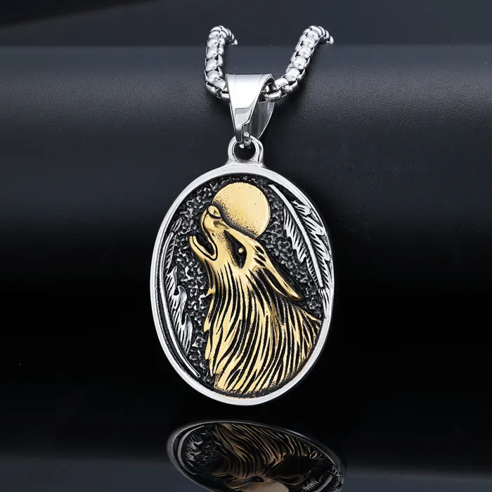 Viking Ice Wolf Compass Pendant – Stainless Steel Norse Necklace with Wolf Head & Vegvisir Symbol, Vintage Mythology Jewelry Wholesale