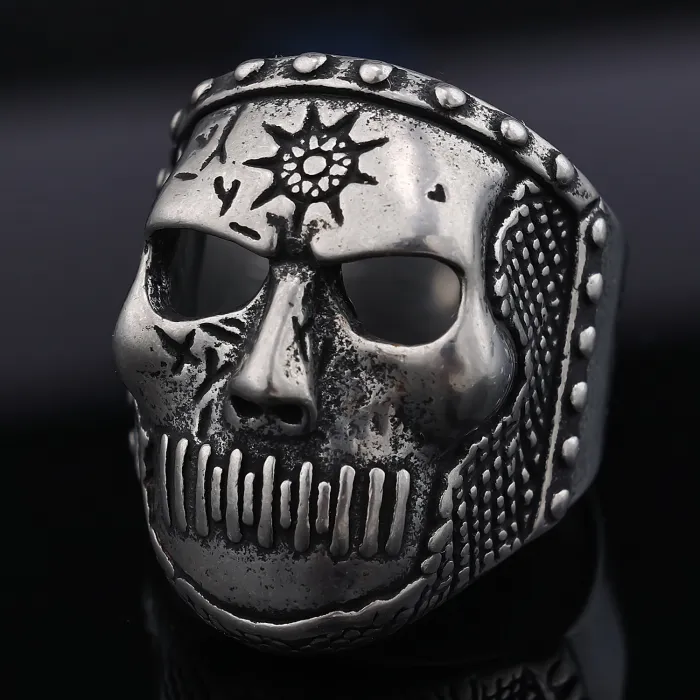 Band Badge Skull Ring – Punk Style Vintage Stainless Steel Men’s Statement Ring, Gothic Rock Jewelry Wholesale