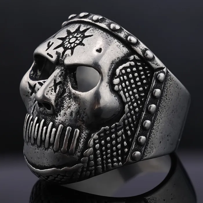 Band Badge Skull Ring – Punk Style Vintage Stainless Steel Men’s Statement Ring, Gothic Rock Jewelry Wholesale