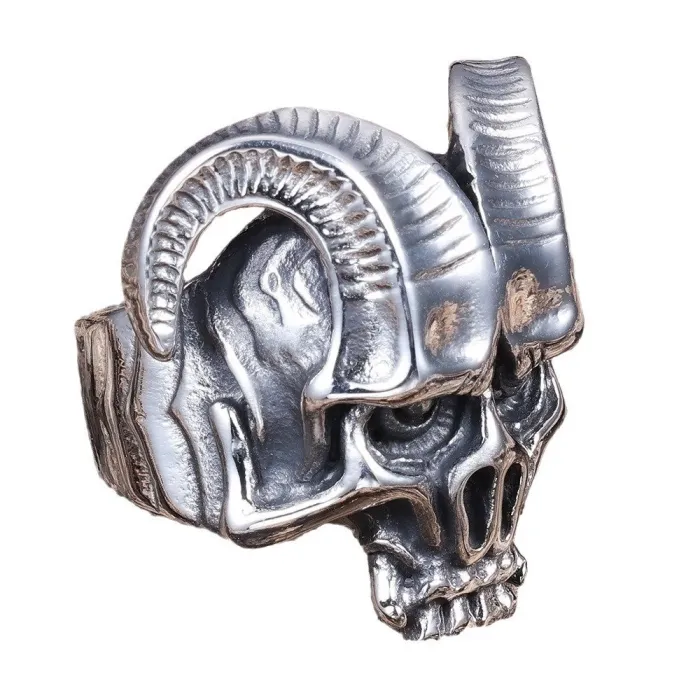Ram Horn Skull Ring – Polished Stainless Steel Gothic Animal Totem Jewelry for Men, Bold Punk Style Ring Wholesale