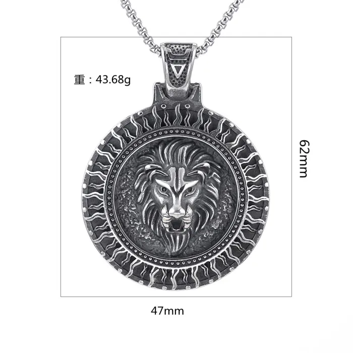 Viking Lion Head Medallion Pendant – Round Stainless Steel Necklace for Men, Bold Norse Totem Jewelry Wholesale