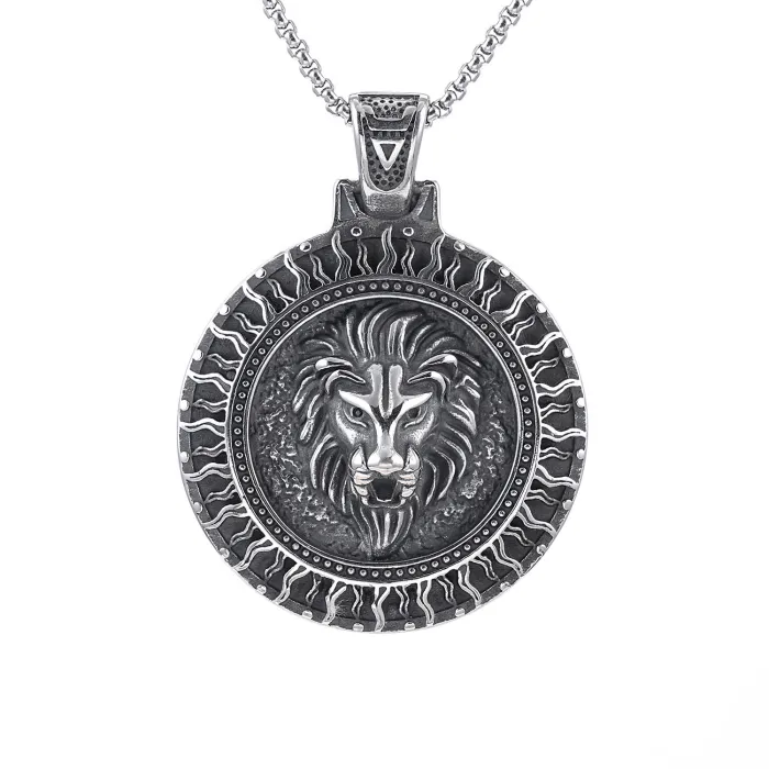 Viking Lion Head Medallion Pendant – Round Stainless Steel Necklace for Men, Bold Norse Totem Jewelry Wholesale