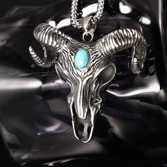 Polished Ram Horn Pendant with Blue Turquoise – Unisex Stainless Steel Totem Necklace, High-End Fashion Jewelry Wholesale