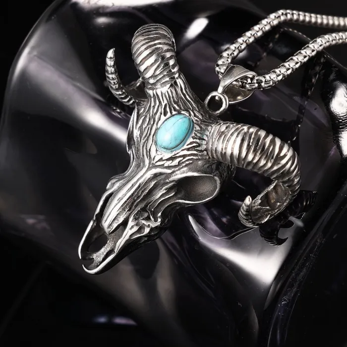 Polished Ram Horn Pendant with Blue Turquoise – Unisex Stainless Steel Totem Necklace, High-End Fashion Jewelry Wholesale