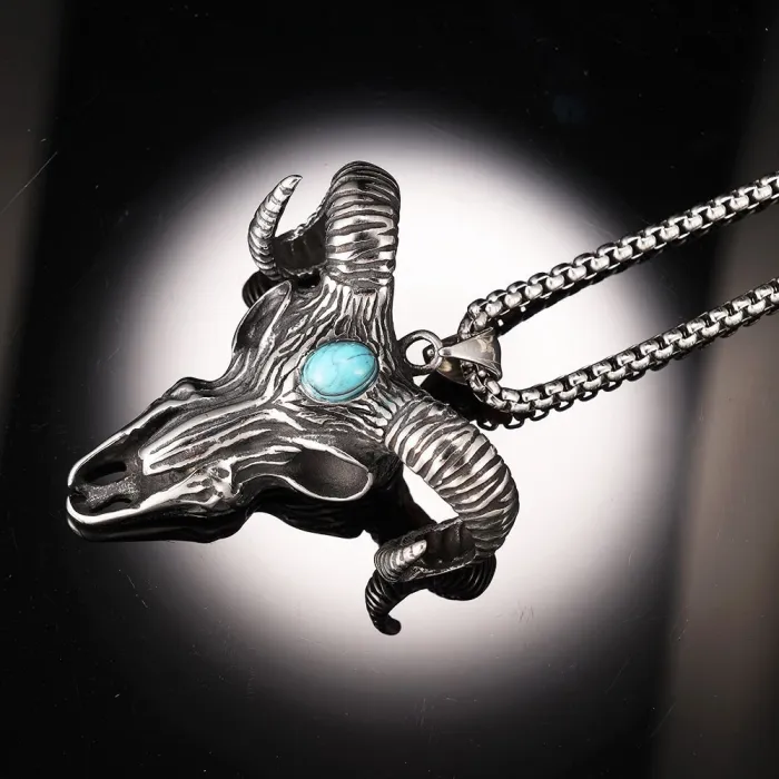 Polished Ram Horn Pendant with Blue Turquoise – Unisex Stainless Steel Totem Necklace, High-End Fashion Jewelry Wholesale