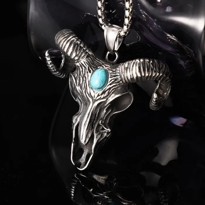 Polished Ram Horn Pendant with Blue Turquoise – Unisex Stainless Steel Totem Necklace, High-End Fashion Jewelry Wholesale