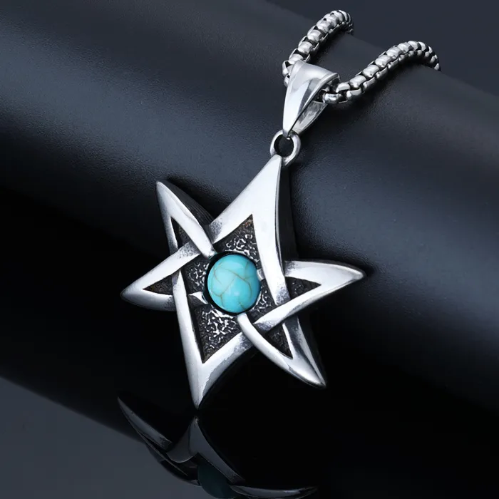 Viking Hexagram Pendant with Blue Turquoise – Polished Stainless Steel Protection Amulet Necklace, Unisex Norse Jewelry Wholesale