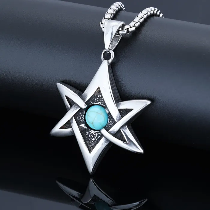 Viking Hexagram Pendant with Blue Turquoise – Polished Stainless Steel Protection Amulet Necklace, Unisex Norse Jewelry Wholesale