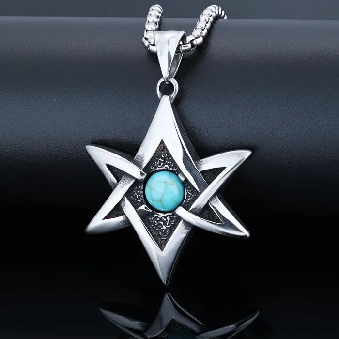 Viking Hexagram Pendant with Blue Turquoise – Polished Stainless Steel Protection Amulet Necklace, Unisex Norse Jewelry Wholesale