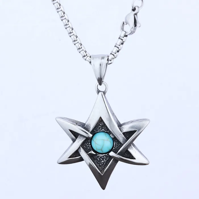 Viking Hexagram Pendant with Blue Turquoise – Polished Stainless Steel Protection Amulet Necklace, Unisex Norse Jewelry Wholesale