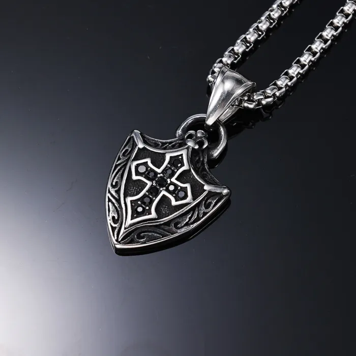 Black Crystal Shield Amulet Pendant – Stainless Steel Fade-Resistant “No Trouble” Protection Charm Necklace Wholesale