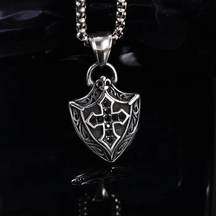 Black Crystal Shield Amulet Pendant – Stainless Steel Fade-Resistant “No Trouble” Protection Charm Necklace Wholesale
