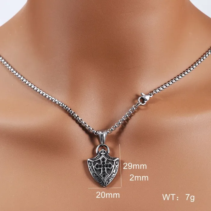 Black Crystal Shield Amulet Pendant – Stainless Steel Fade-Resistant “No Trouble” Protection Charm Necklace Wholesale