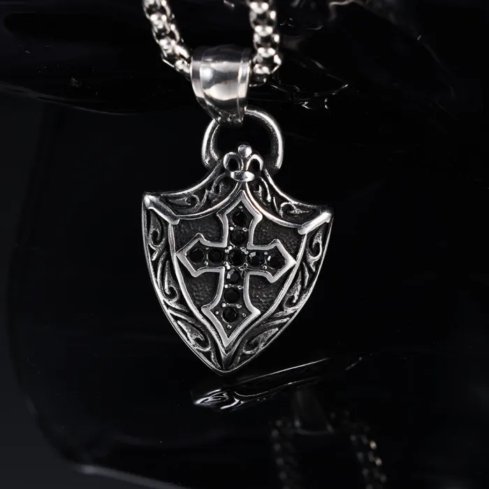 Black Crystal Shield Amulet Pendant – Stainless Steel Fade-Resistant “No Trouble” Protection Charm Necklace Wholesale