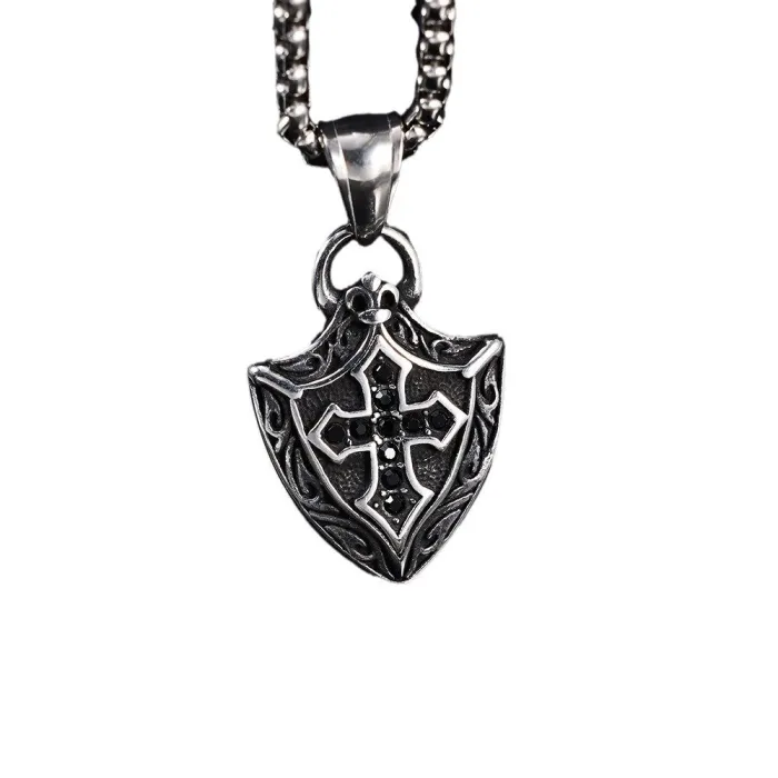 Black Crystal Shield Amulet Pendant – Stainless Steel Fade-Resistant “No Trouble” Protection Charm Necklace Wholesale