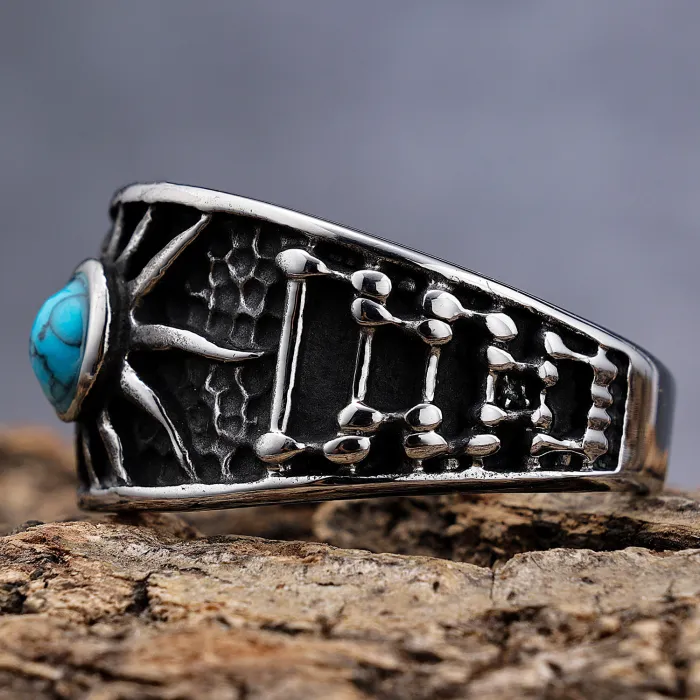 Sunburst Turquoise Stone Ring – Punk Biker Style Men’s Stainless Steel Jewelry, Bold Minimalist Design Wholesale (In Stock)