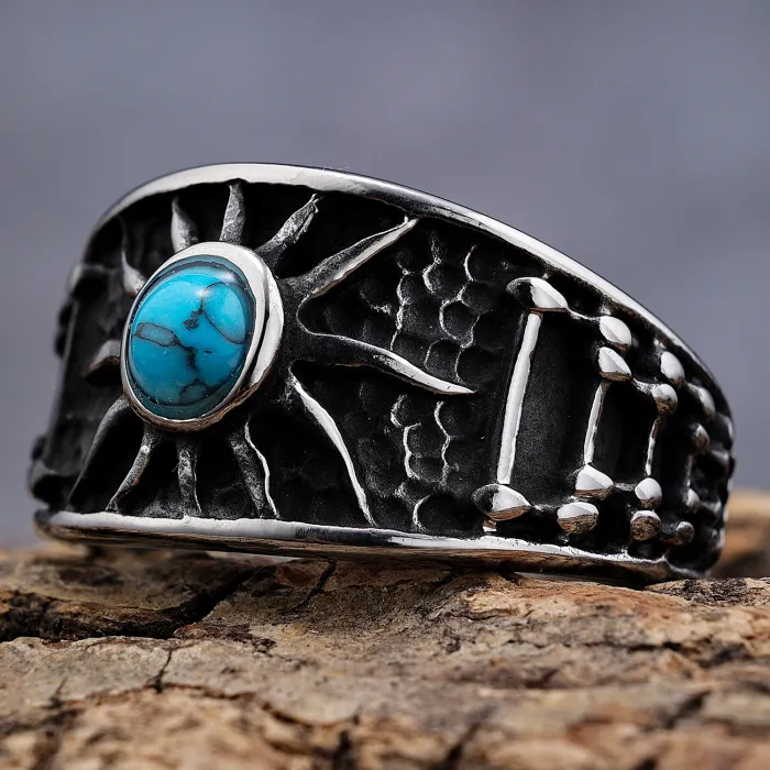 Sunburst Turquoise Stone Ring – Punk Biker Style Men’s Stainless Steel Jewelry, Bold Minimalist Design Wholesale (In Stock)