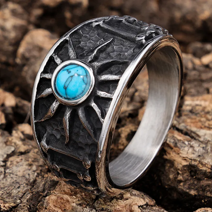 Sunburst Turquoise Stone Ring – Punk Biker Style Men’s Stainless Steel Jewelry, Bold Minimalist Design Wholesale (In Stock)