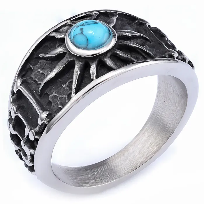 Sunburst Turquoise Stone Ring – Punk Biker Style Men’s Stainless Steel Jewelry, Bold Minimalist Design Wholesale (In Stock)