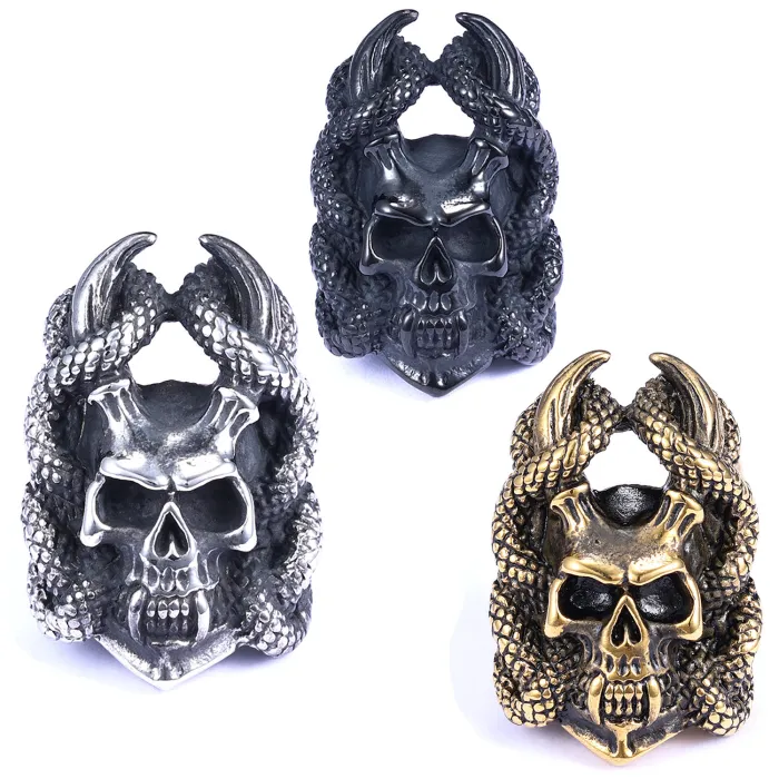 Skull and Snake Pendant – Stainless Steel Gothic Street Style Necklace for Men, Bold Daily Wear Jewelry Wholesale