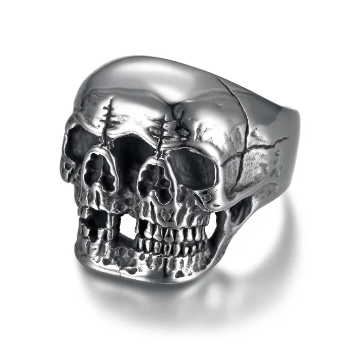 Triple Skull Ring – Unisex Titanium Steel Gothic Punk Three-Face Skeleton Ring, Bold Statement Jewelry Wholesale