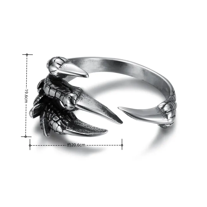 Dragon Claw Adjustable Ring – Polished Stainless Steel Unisex Statement Jewelry, Bold Open Band Spring Fashion Wholesale