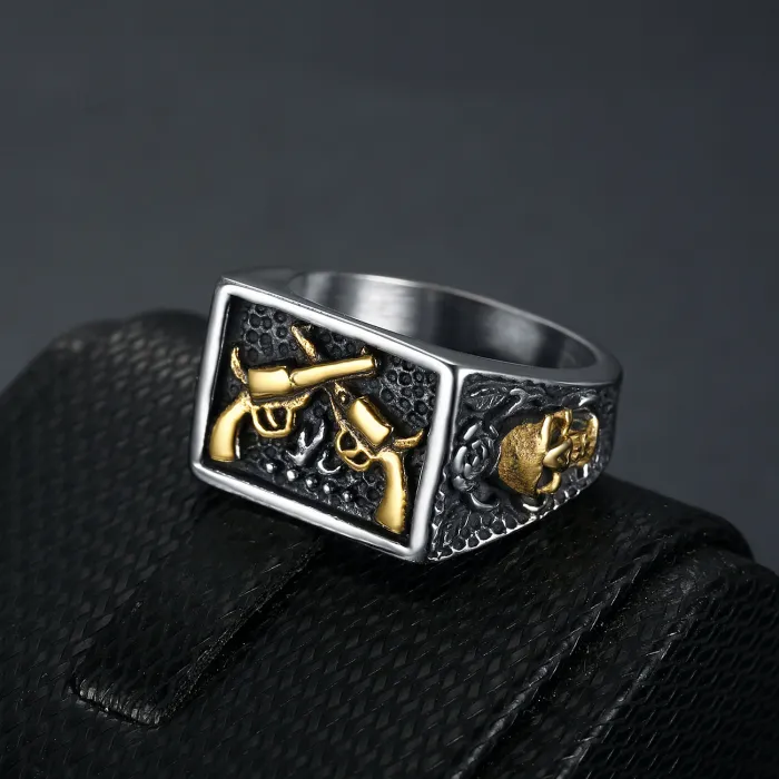 Gun & Skull Ring – Punk Style Titanium Steel Men’s Ring with Weapon Motif, Bold Statement Jewelry Wholesale (In Stock for Spring)
