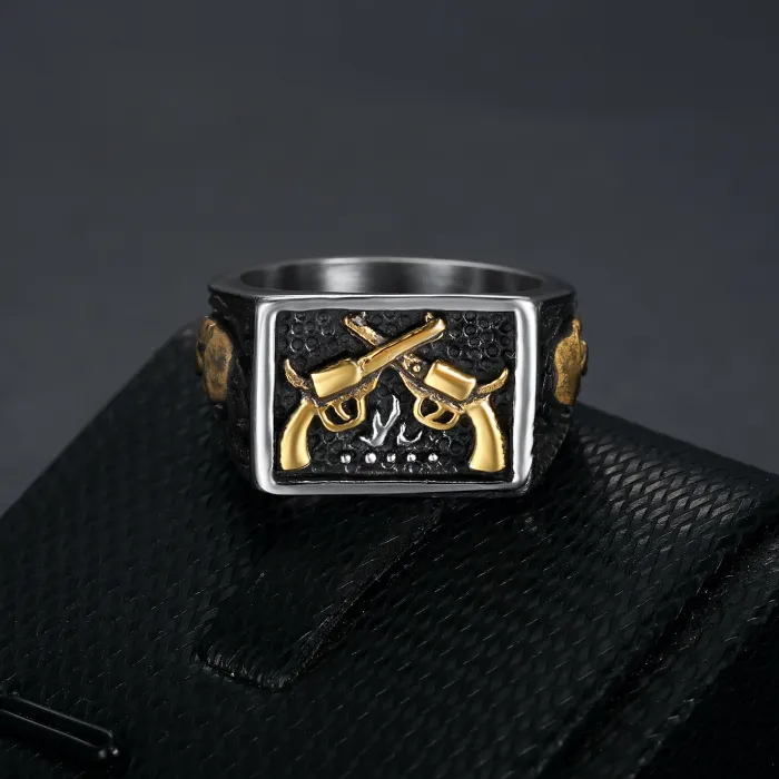 Gun & Skull Ring – Punk Style Titanium Steel Men’s Ring with Weapon Motif, Bold Statement Jewelry Wholesale (In Stock for Spring)