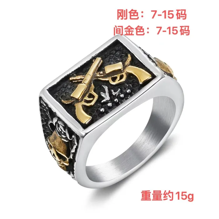 Gun & Skull Ring – Punk Style Titanium Steel Men’s Ring with Weapon Motif, Bold Statement Jewelry Wholesale (In Stock for Spring)