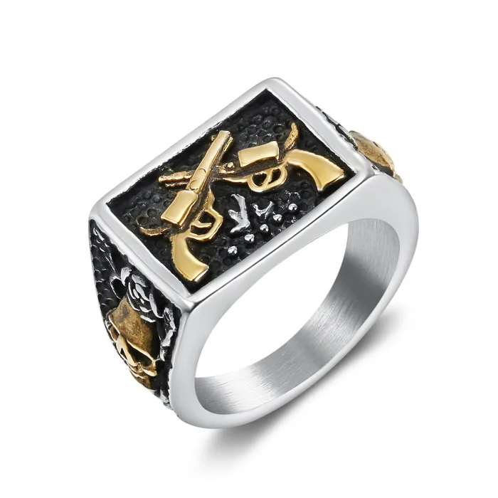 Gun & Skull Ring – Punk Style Titanium Steel Men’s Ring with Weapon Motif, Bold Statement Jewelry Wholesale (In Stock for Spring)