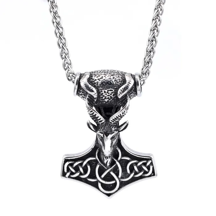 Viking Goat Thor’s Hammer Pendant – Mjölnir Norse Symbol Stainless Steel Necklace, Vintage Norse Jewelry Wholesale