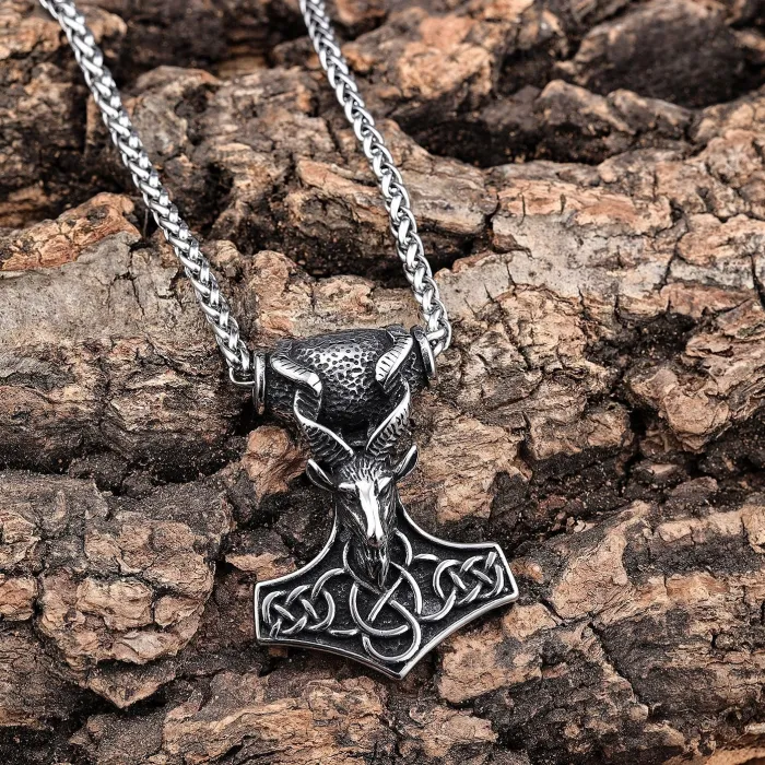 Viking Goat Thor’s Hammer Pendant – Mjölnir Norse Symbol Stainless Steel Necklace, Vintage Norse Jewelry Wholesale