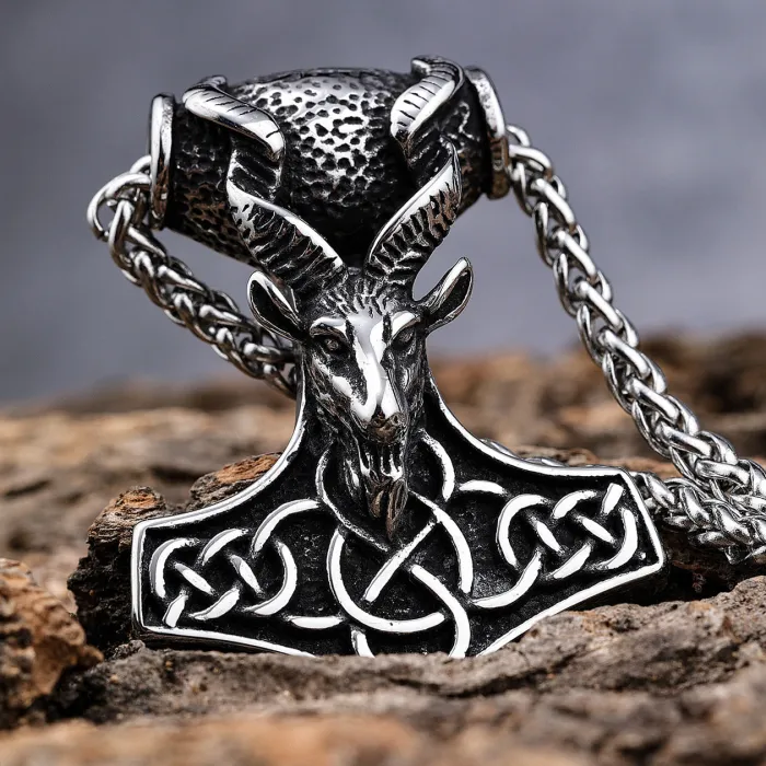 Viking Goat Thor’s Hammer Pendant – Mjölnir Norse Symbol Stainless Steel Necklace, Vintage Norse Jewelry Wholesale