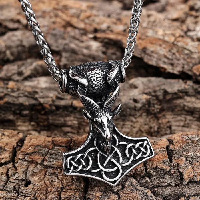 Viking Goat Thor’s Hammer Pendant – Mjölnir Norse Symbol Stainless Steel Necklace, Vintage Norse Jewelry Wholesale
