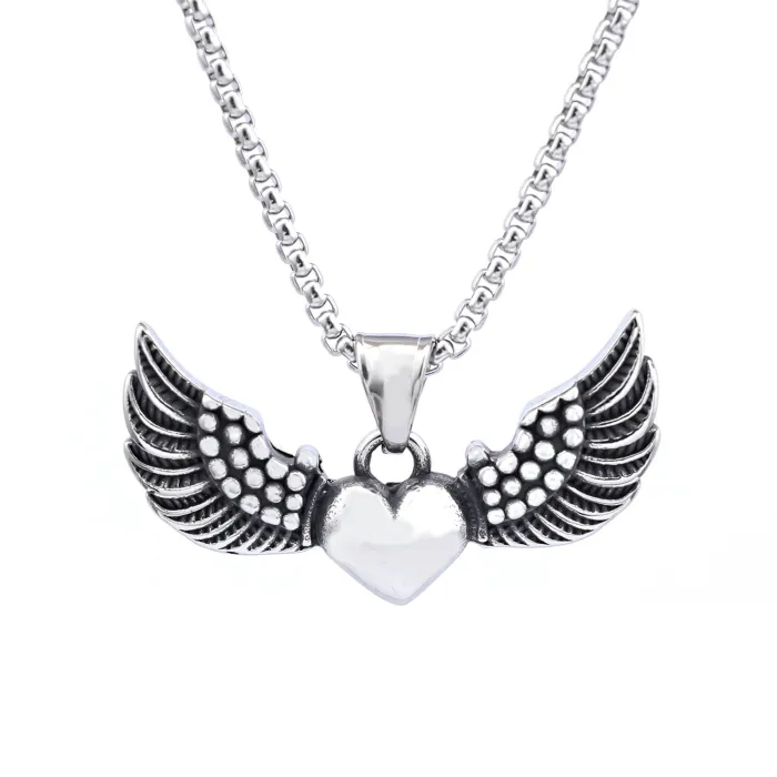 Gothic Winged Heart Pendant – Vintage Titanium Steel Heart Necklace, Fashion Stainless Steel Jewelry Wholesale