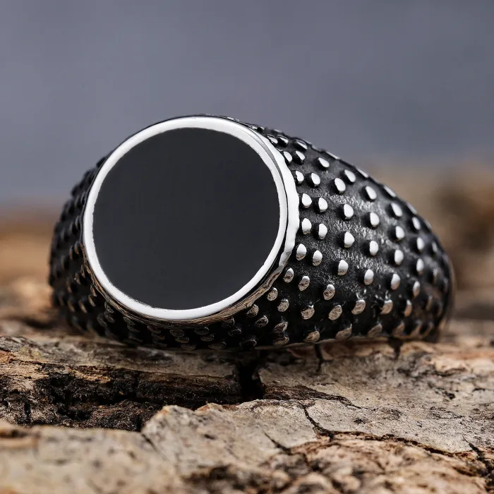 Studded Black Enamel Ring – Vintage Titanium Steel Punk Style Men’s Stainless Steel Ring, Bold Fashion Jewelry Wholesale