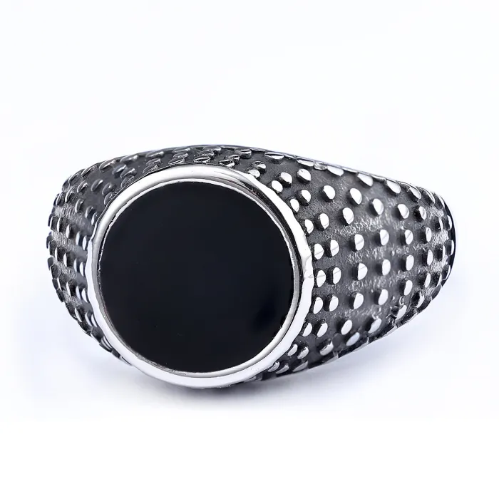 Studded Black Enamel Ring – Vintage Titanium Steel Punk Style Men’s Stainless Steel Ring, Bold Fashion Jewelry Wholesale