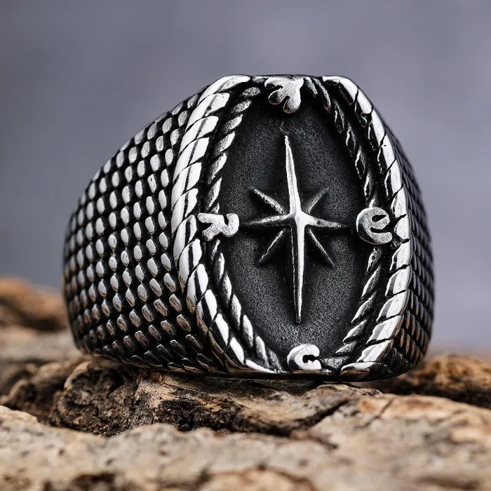 Viking Compass Ring – Titanium Steel Norse Symbol Ring for Men, Stainless Steel Vegvisir Jewelry Wholesale (In Stock)